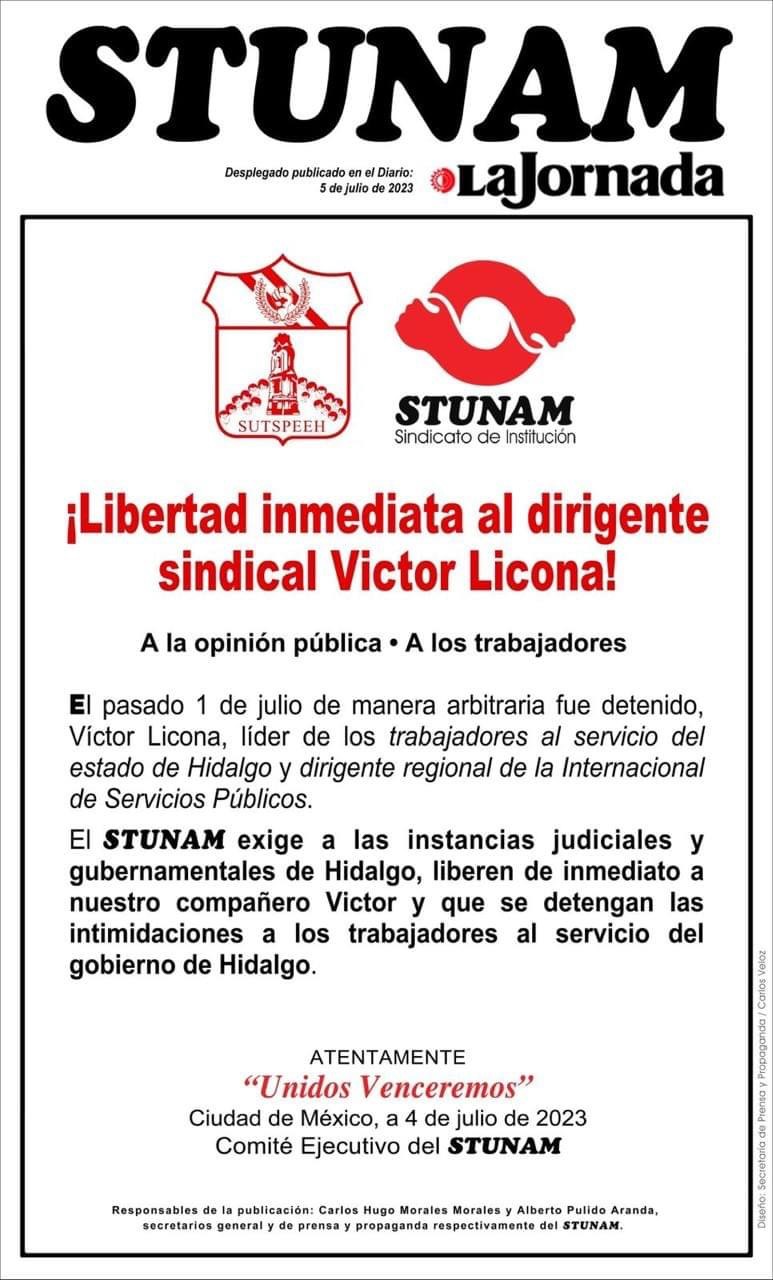 Exige STUNAM libertad de líder sindical del Gobierno de Hidalgo