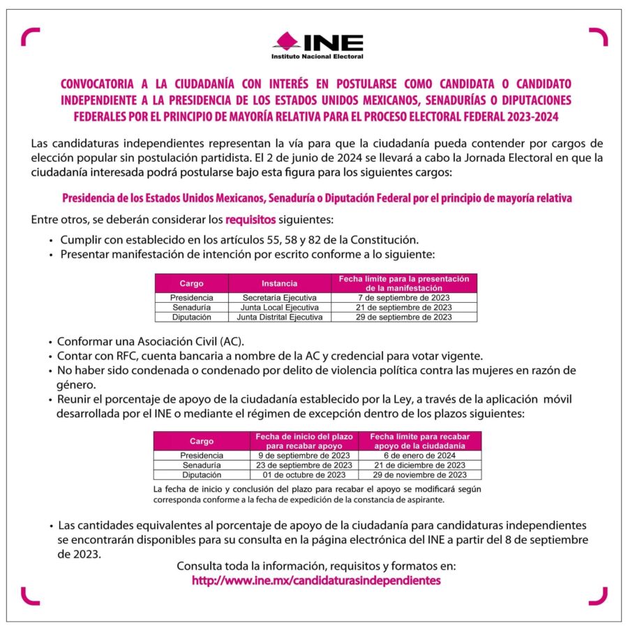 INE lanza convocatoria para candidaturas independientes