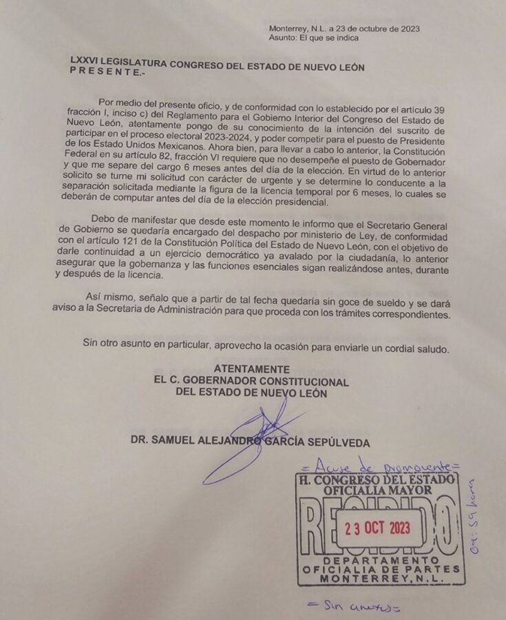 Abandona Samuel García a Nuevo León, va por la presidencia de la República