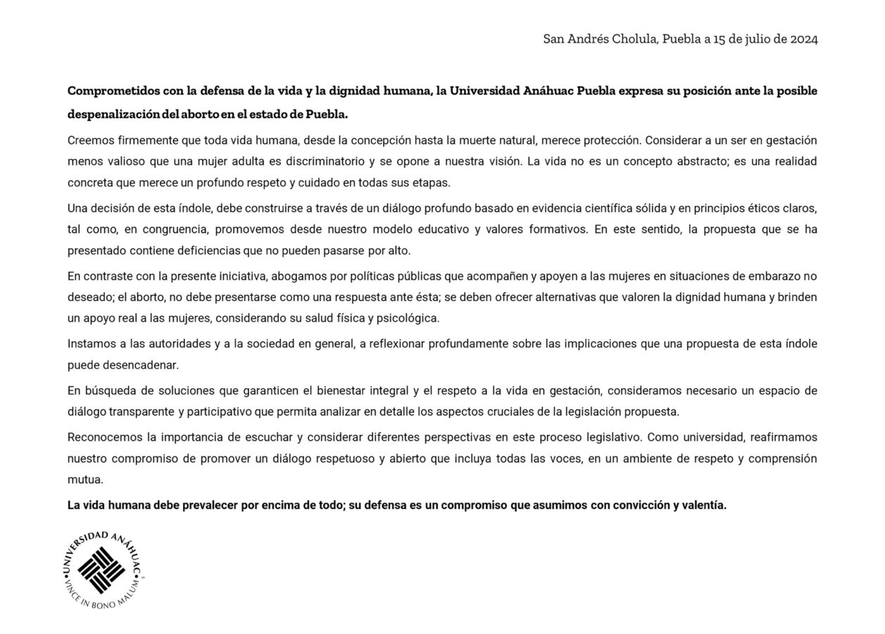 La vida de una mujer adulta no está por encima de la gestación, afirma la Universidad Anáhuac