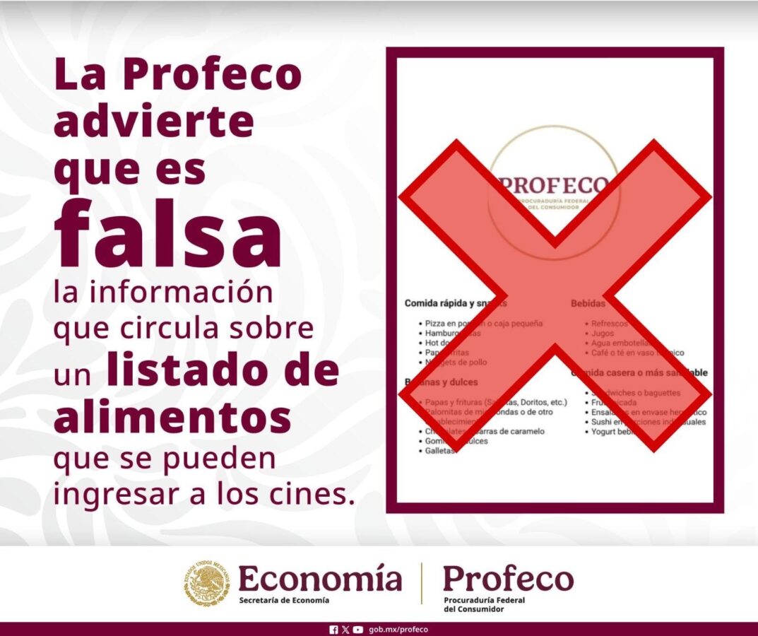 Desmiente Profeco lista de alimentos que pueden ingresar a los cines