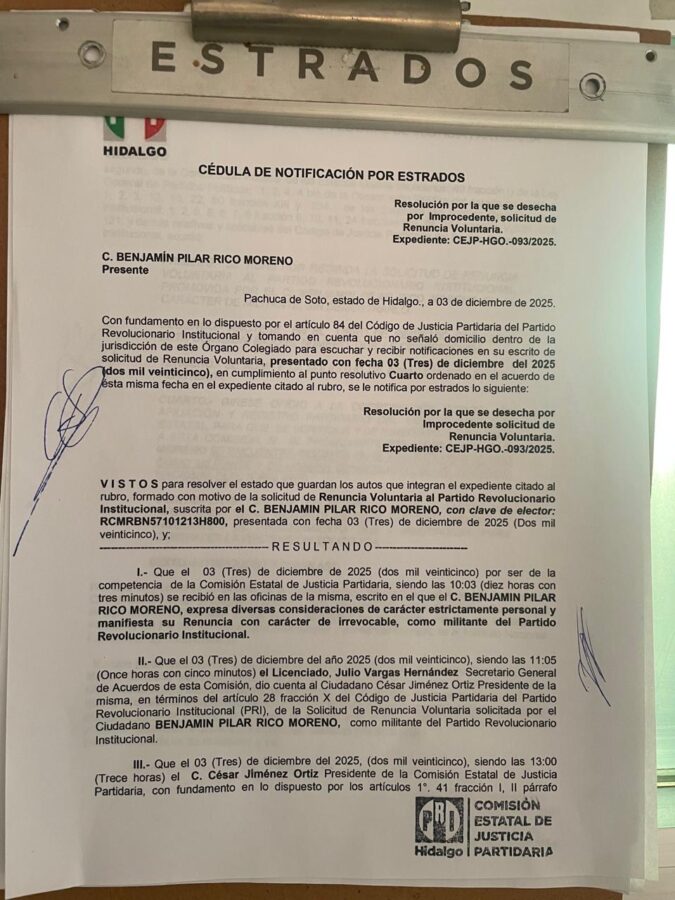 PRI determina “improcedente la renuncia voluntaria” de Benjamín  Rico