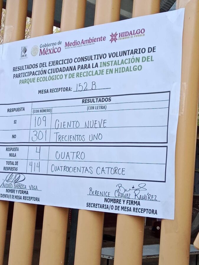 Consulta sobre Parque Ecológico en Hidalgo arroja mayoría por el “No” y baja participación