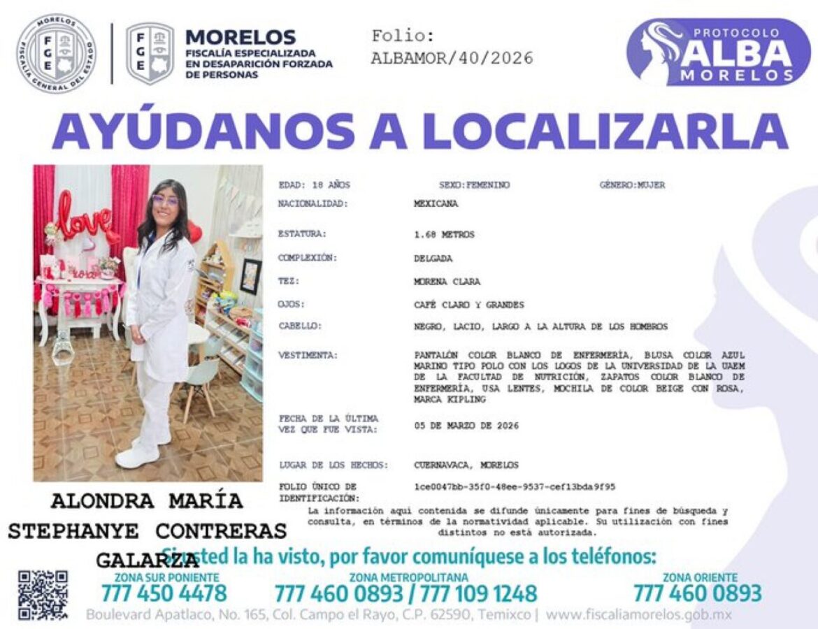 Alondra María Stephanye Contreras Galarza, estudiante de 18 años desaparecida en Cuernavaca