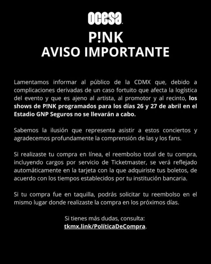 Por inseguridad y bajas ventas, cancelan conciertos de P!nk, Carolina Ross y Lucho SSJ en la CDMX.