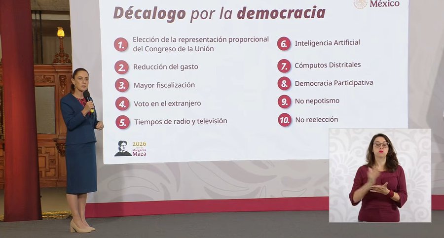 Con error ortográfico, presenta Sheinbaum el “decálogo” de la reforma electoral.
