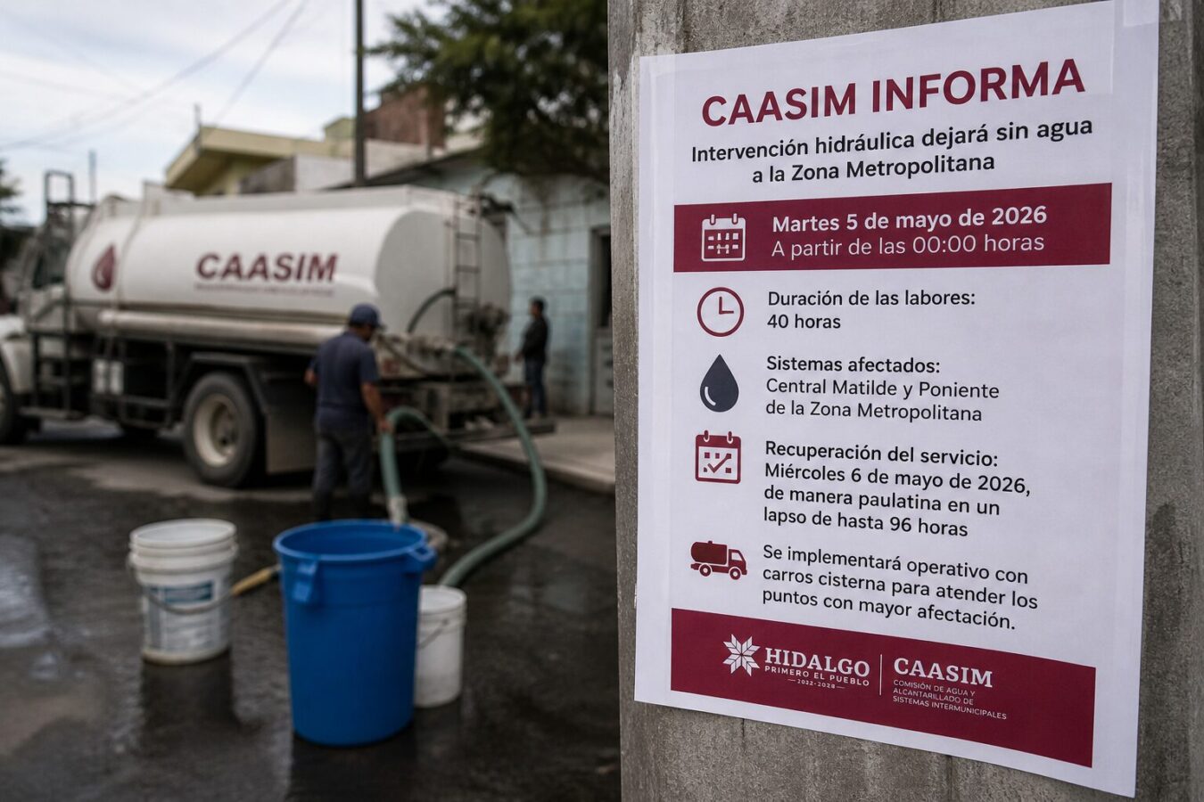 Intervención hidráulica de Caasim dejará sin agua a zona metropolitana de Pachuca.