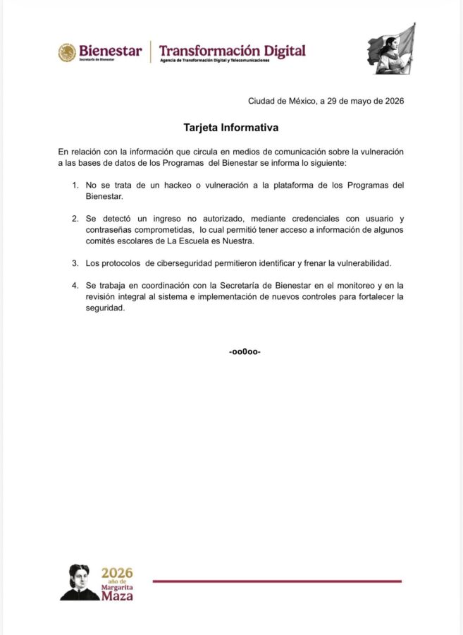 Secretaría del Bienestar descarta hackeo