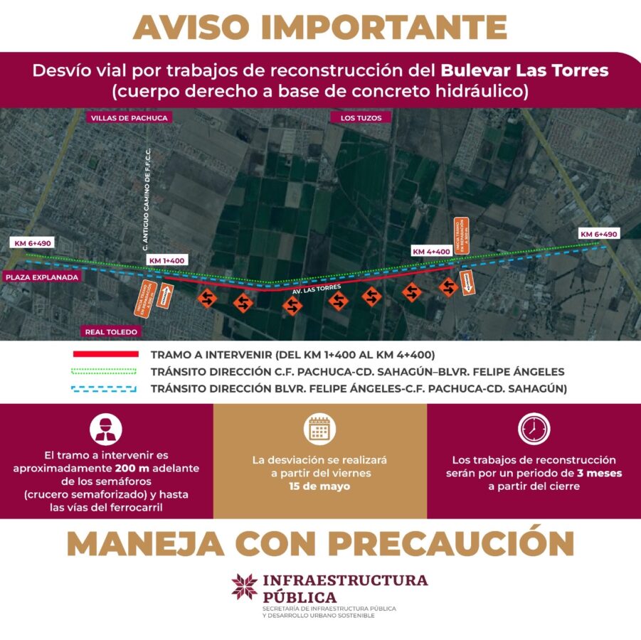 Desvían tránsito en bulevar Las Torres por obras de reconstrucción en Pachuca.
