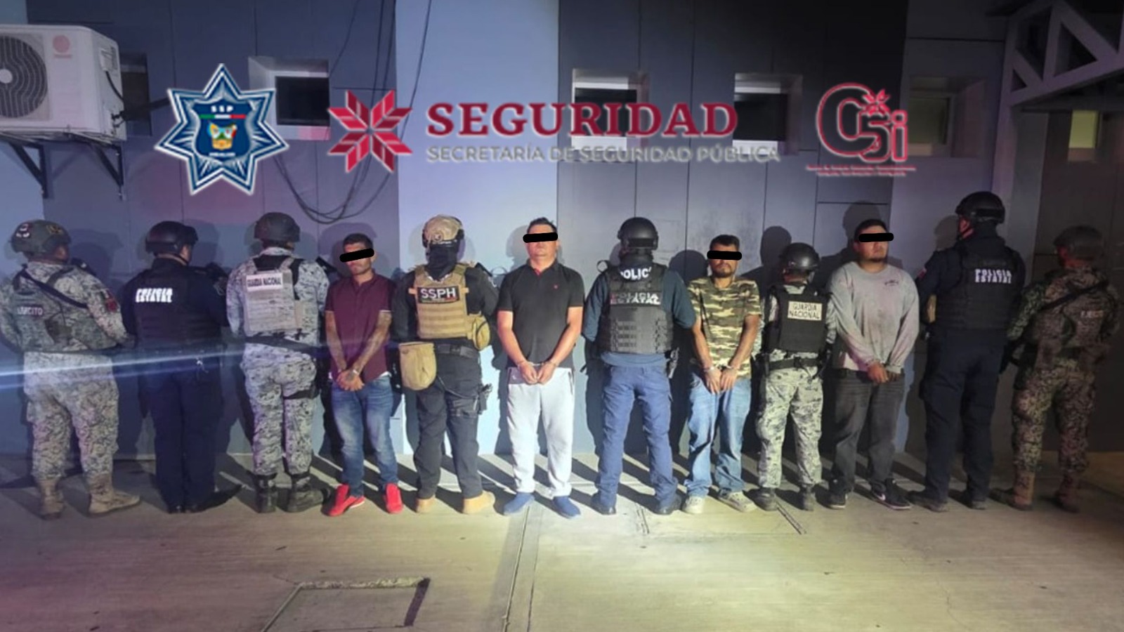 Detiene SSPH a cuatro hombres y asegura armas, droga y tractocamiones.
