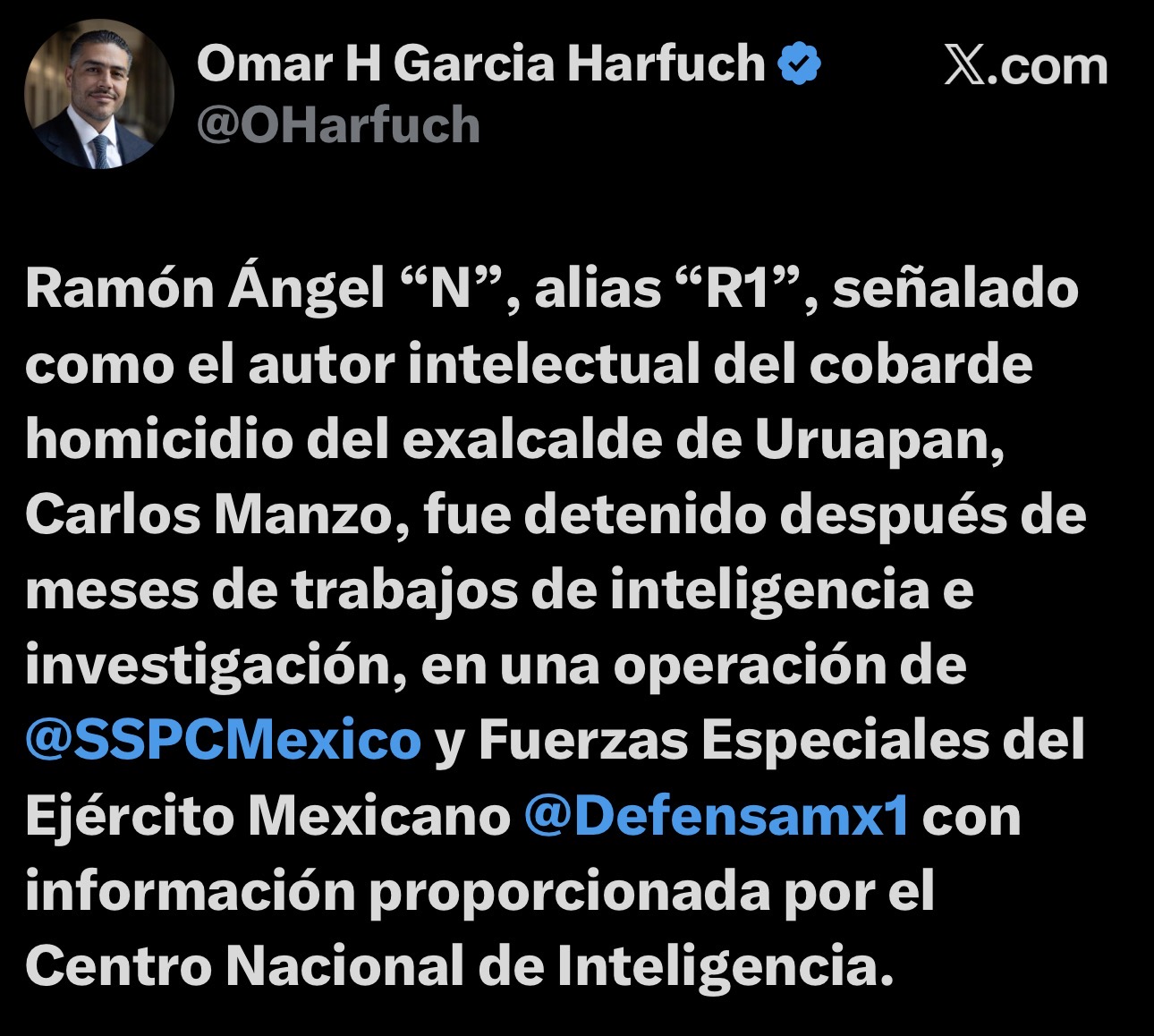 Detienen a presunto autor intelectual del homicidio del exalcalde de Uruapan, Carlos Manzo