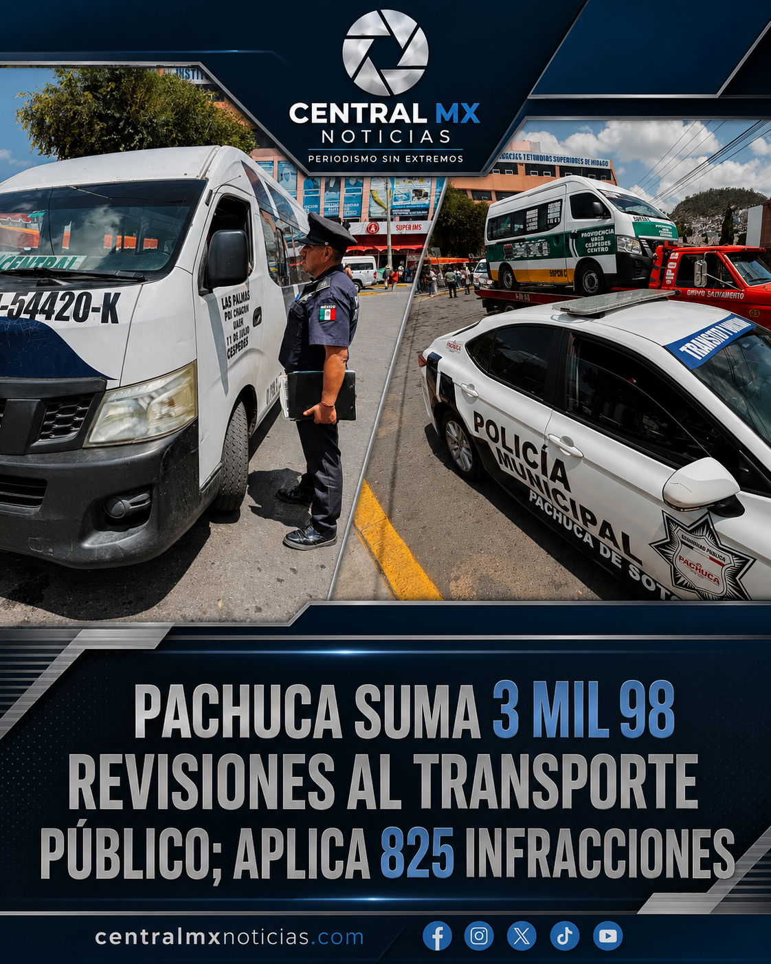 Pachuca suma 3 mil 98 revisiones al transporte público; aplica 825 infracciones.