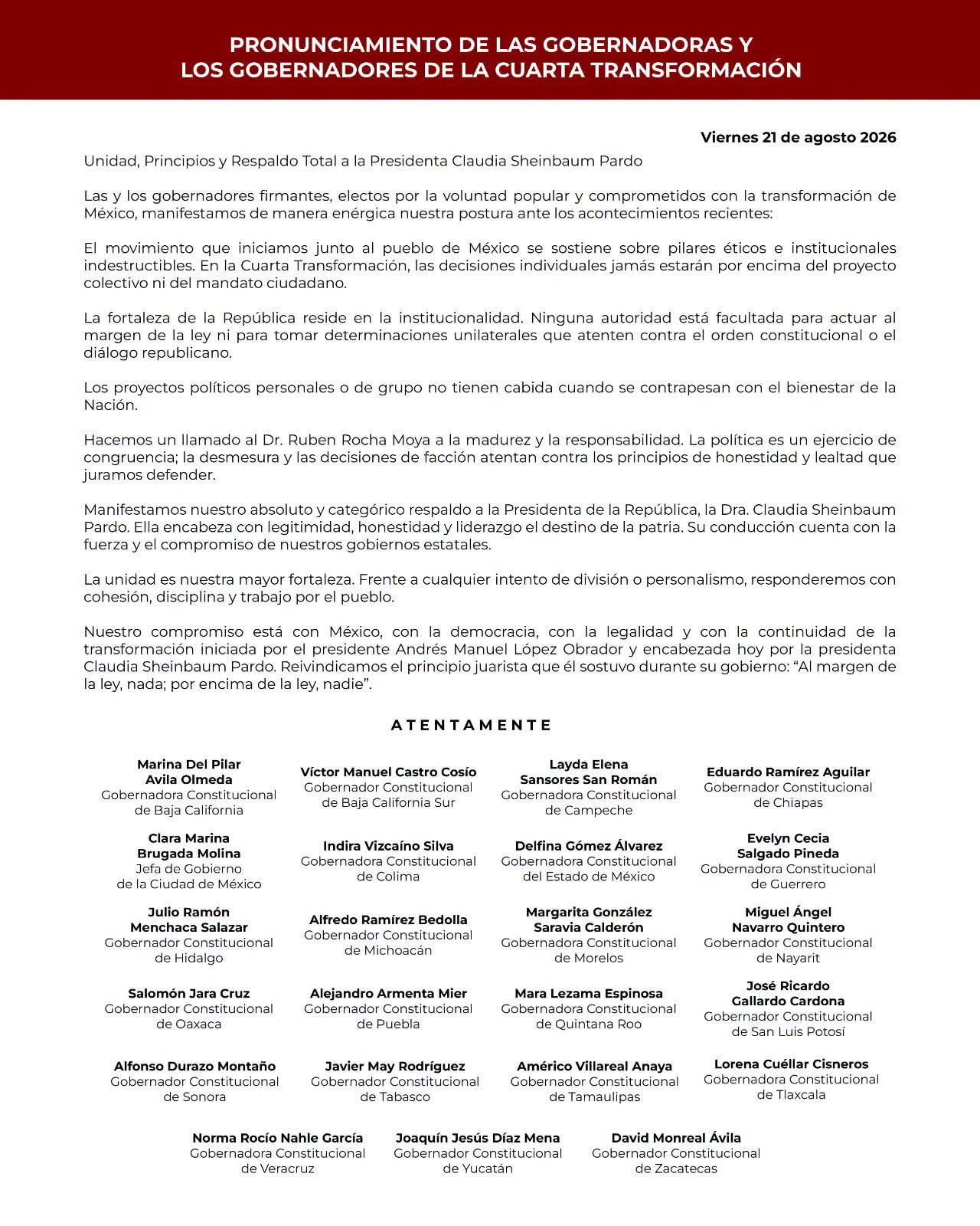 Gobernadores de la 4T respaldan a Sheinbaum y llaman a Rubén Rocha a la “madurez y responsabilidad”
