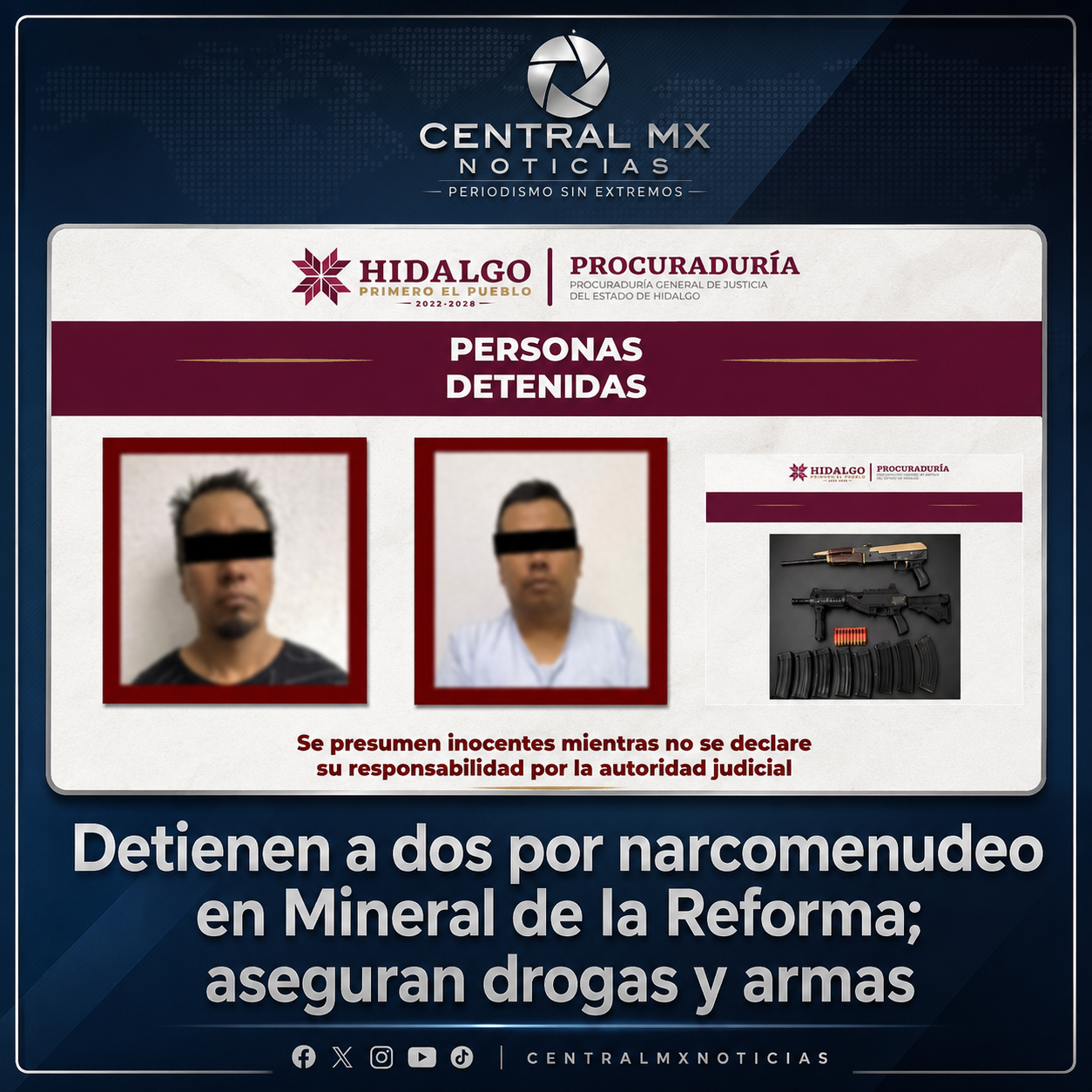 Por narcomenudeo, PGJEH detiene a dos personas, en Mineral de la Reforma.