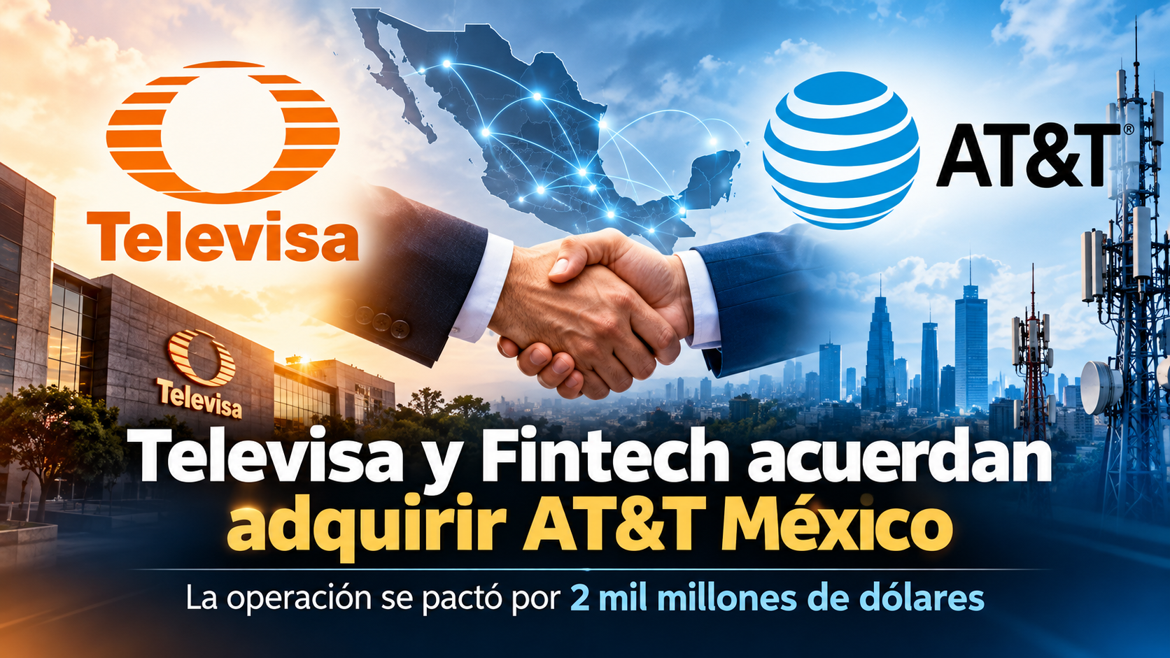 Televisa y Fintech acuerdan compra de AT&T México por 2 mil millones de dólares.