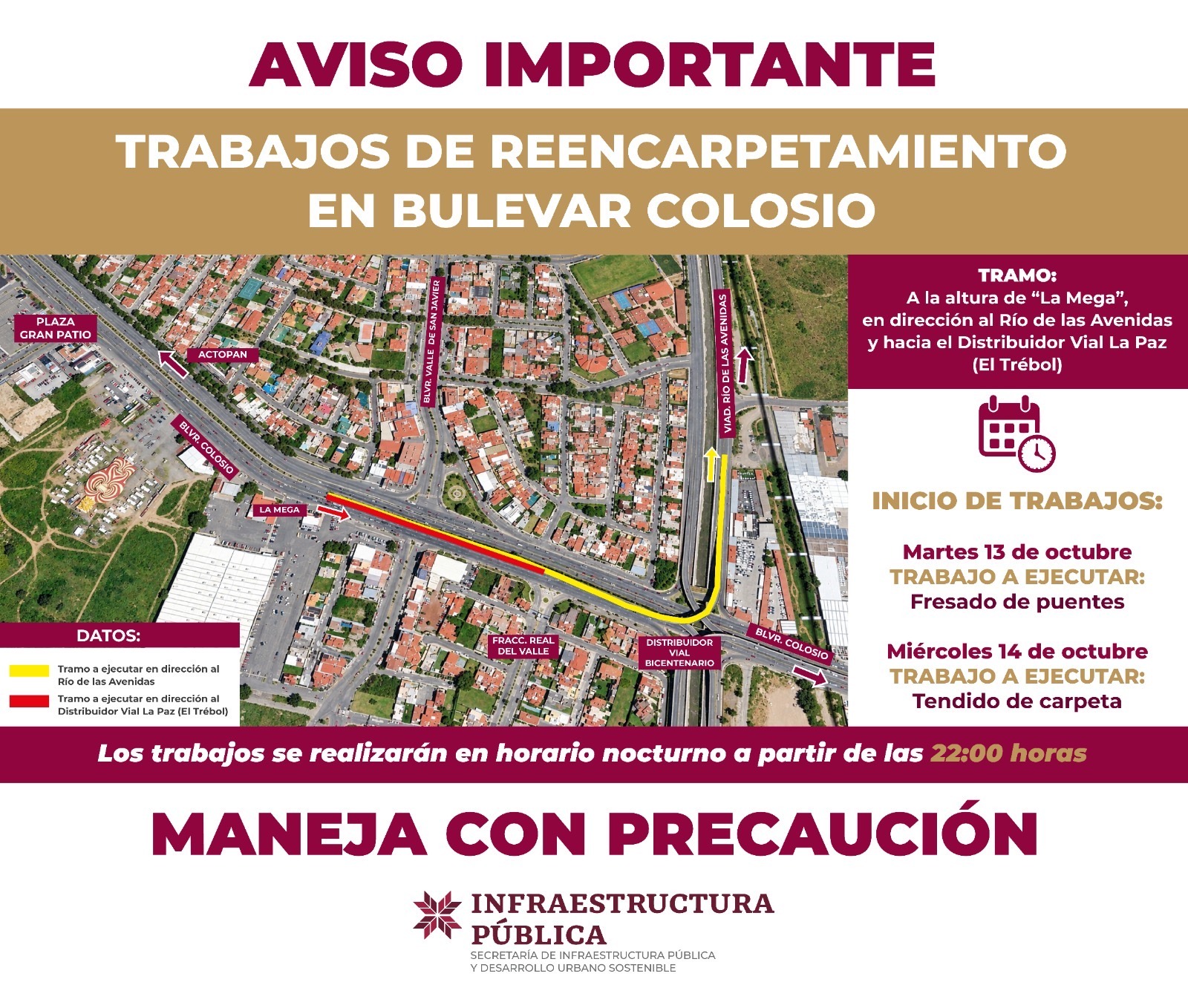 Corrige SIPDUS error en aviso de obras del bulevar Colosio, en Pachuca.